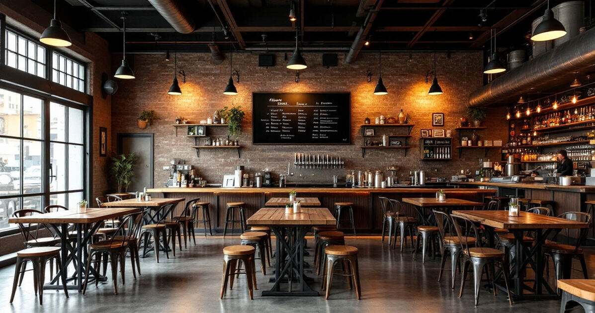 Cozy craft brewery taproom interior with warm lighting and wooden tables