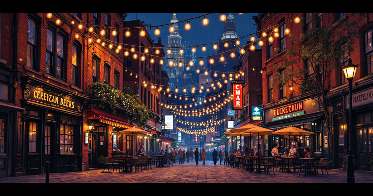 Lively entertainment district at night with warm string lights and brick buildings