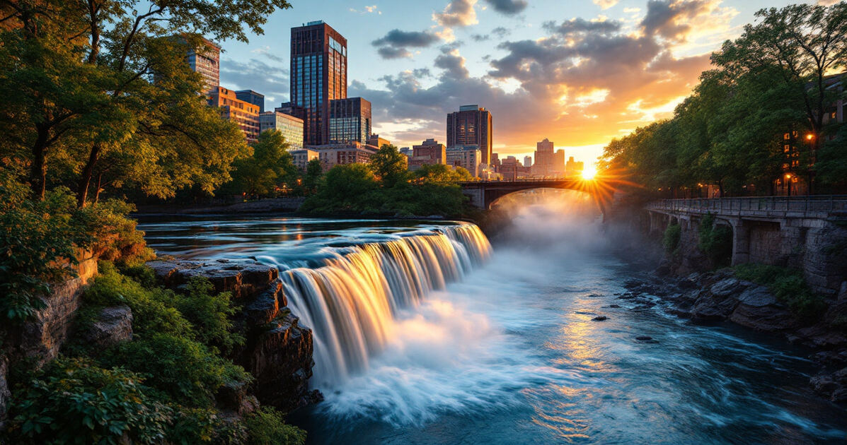 High Falls waterfall in downtown Rochester NY at golden hour on the Genesee River