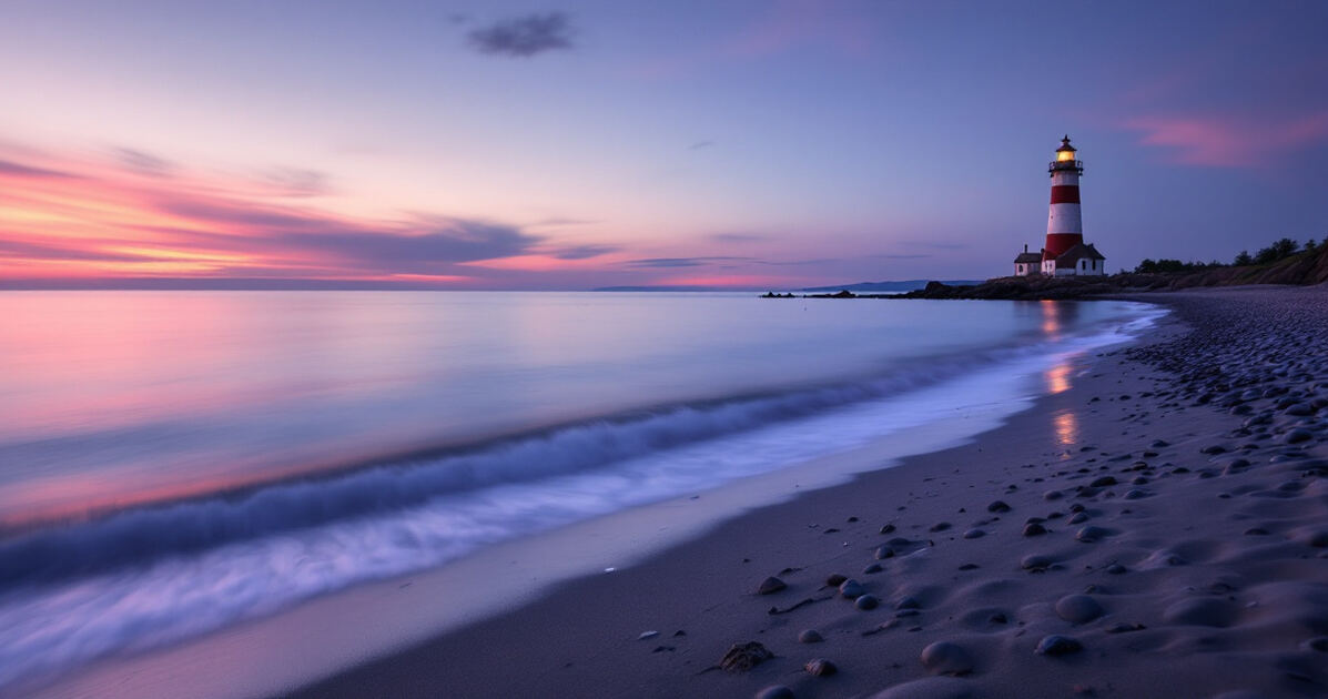 Lake Ontario beach at Charlotte in Rochester with lighthouse at sunset