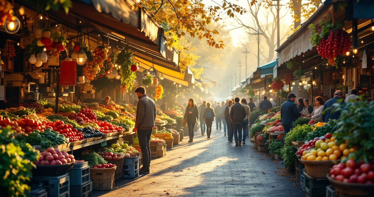 Vibrant public farmers market with produce stalls in morning light