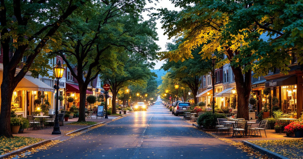 Charming tree-lined avenue with cafes and boutiques in the evening