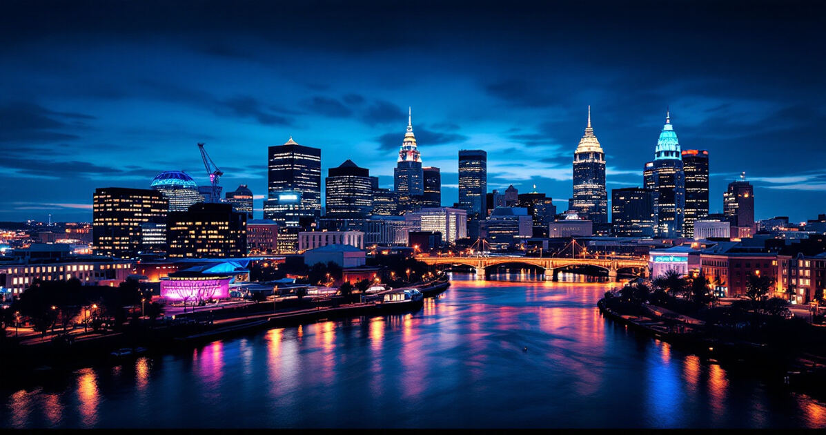 Downtown Rochester NY skyline at blue hour with city lights over the Genesee River