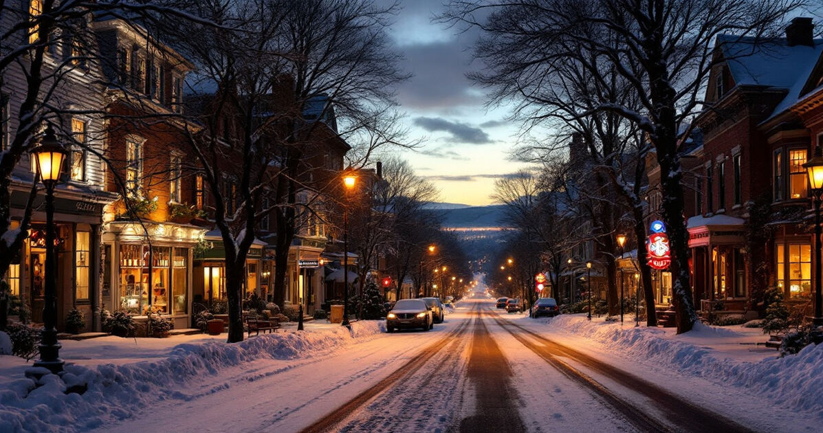 Snowy Rochester city street at dusk with warm window glow