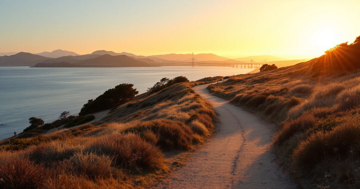 Scenic San Francisco Bay shoreline trail with hills at golden hour