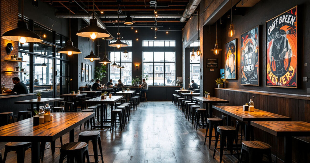 Modern craft brewery taproom with warm lighting and communal tables