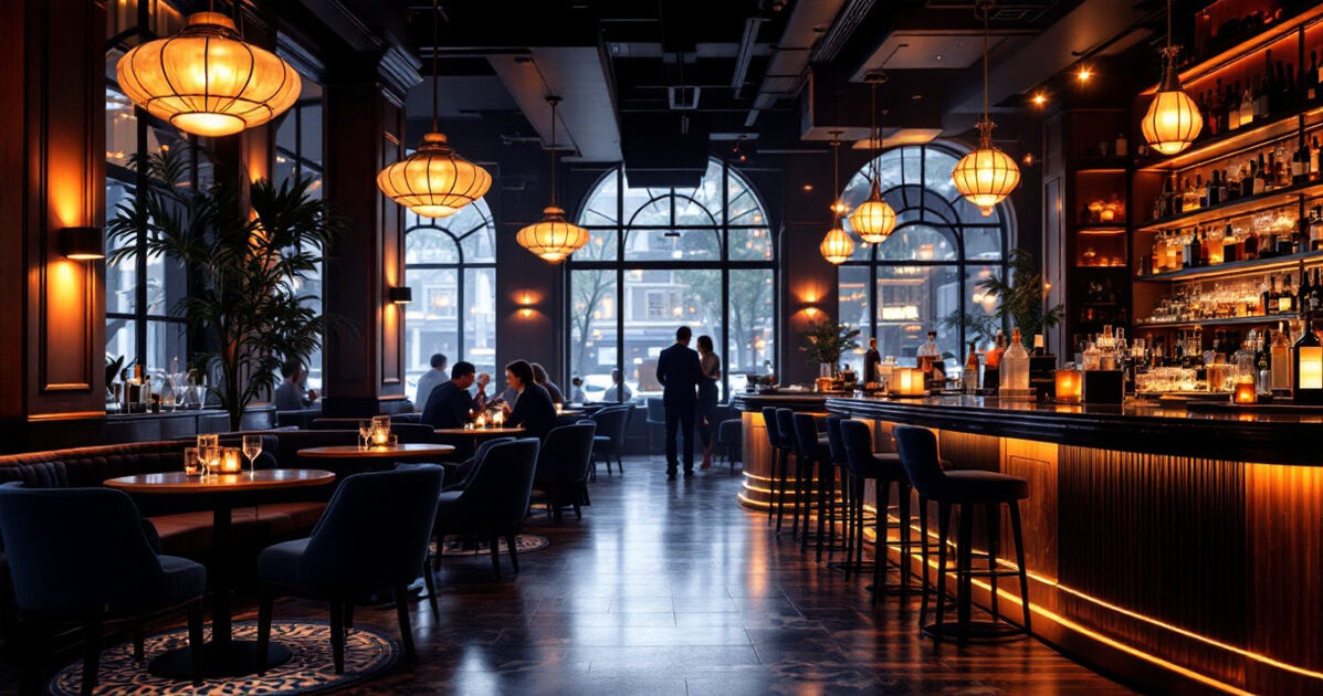 Upscale cocktail lounge interior with warm amber lighting