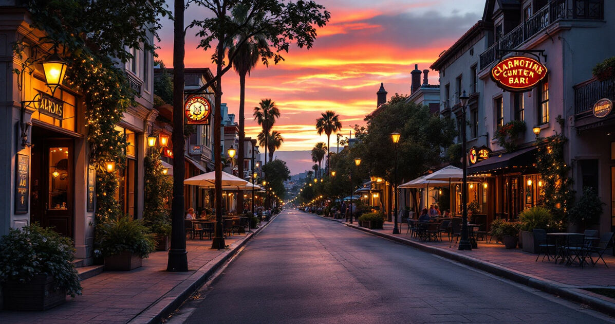 Charming downtown street with bars and cafe patios at dusk in California