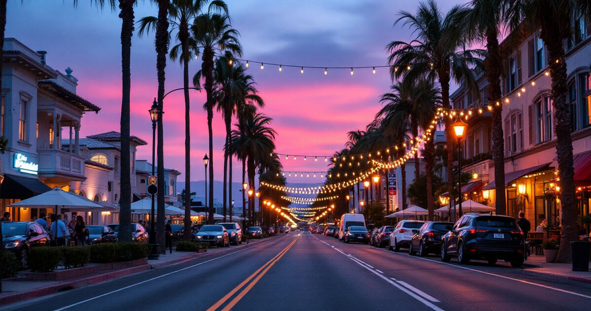 Downtown San Mateo street at dusk with restaurants, string lights and palm trees