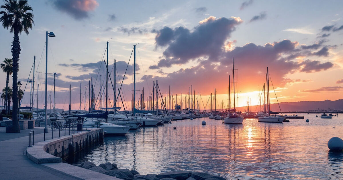 Calm bayfront marina promenade with sailboats at sunset