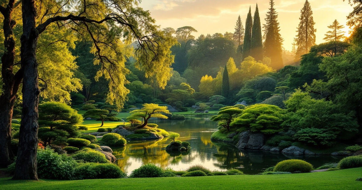 Lush green city park with a Japanese garden pond and trees at golden hour