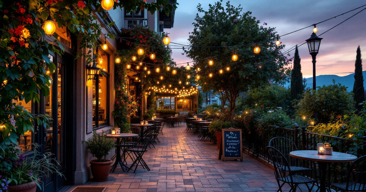 Restaurant patio with string lights and greenery at dusk in California