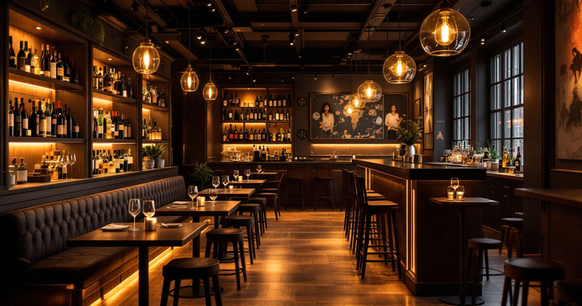 Cozy modern wine bar interior with warm lighting