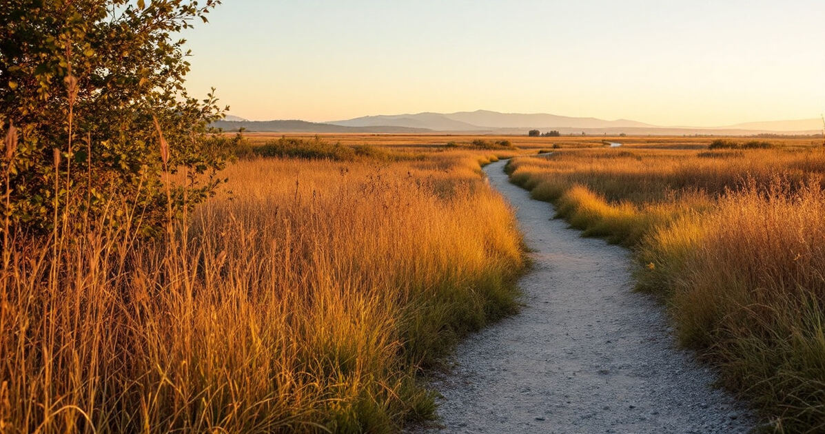 Scenic bayland wetlands trail at golden hour with tall grasses and distant hills