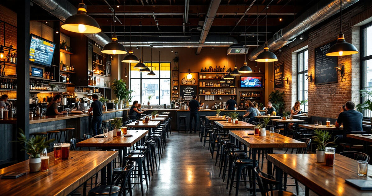 Modern craft brewery taproom with communal tables and warm lighting