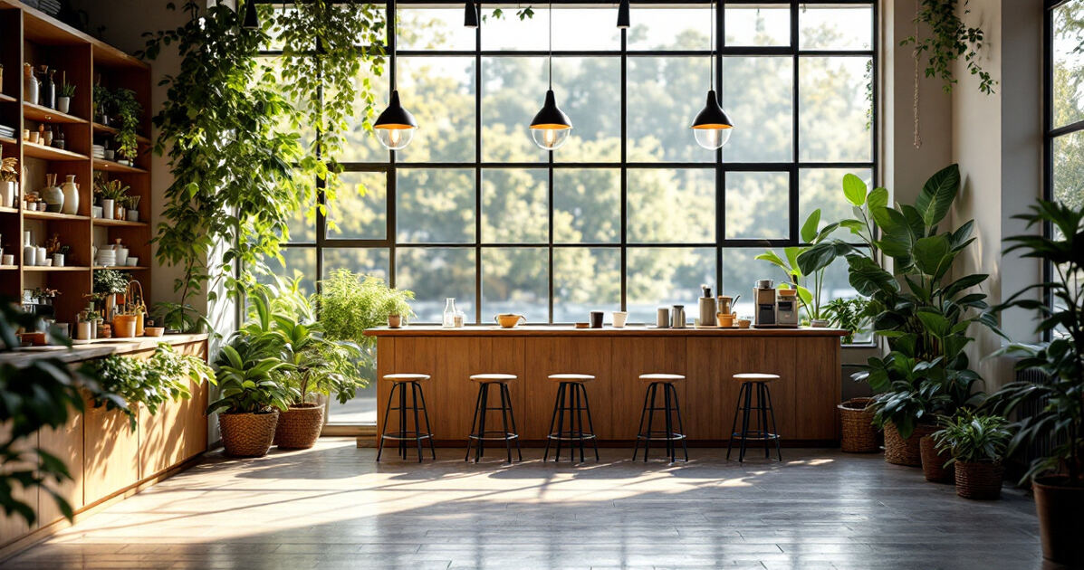 Bright modern coffee shop interior with big windows and greenery