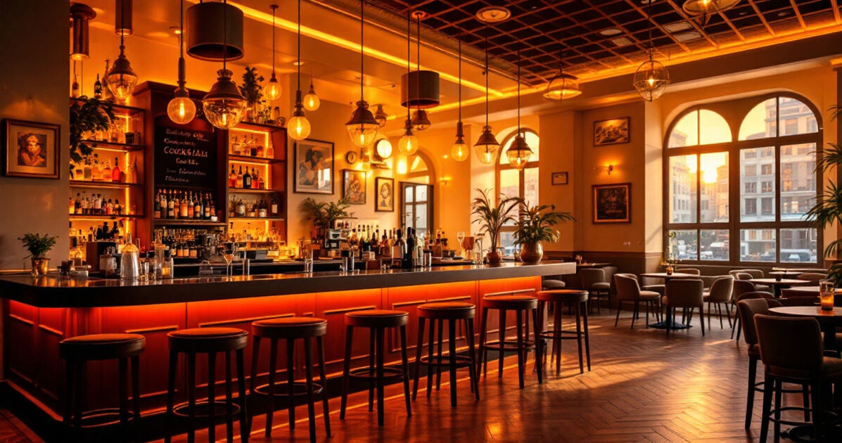 Upscale cocktail lounge interior with warm amber lighting