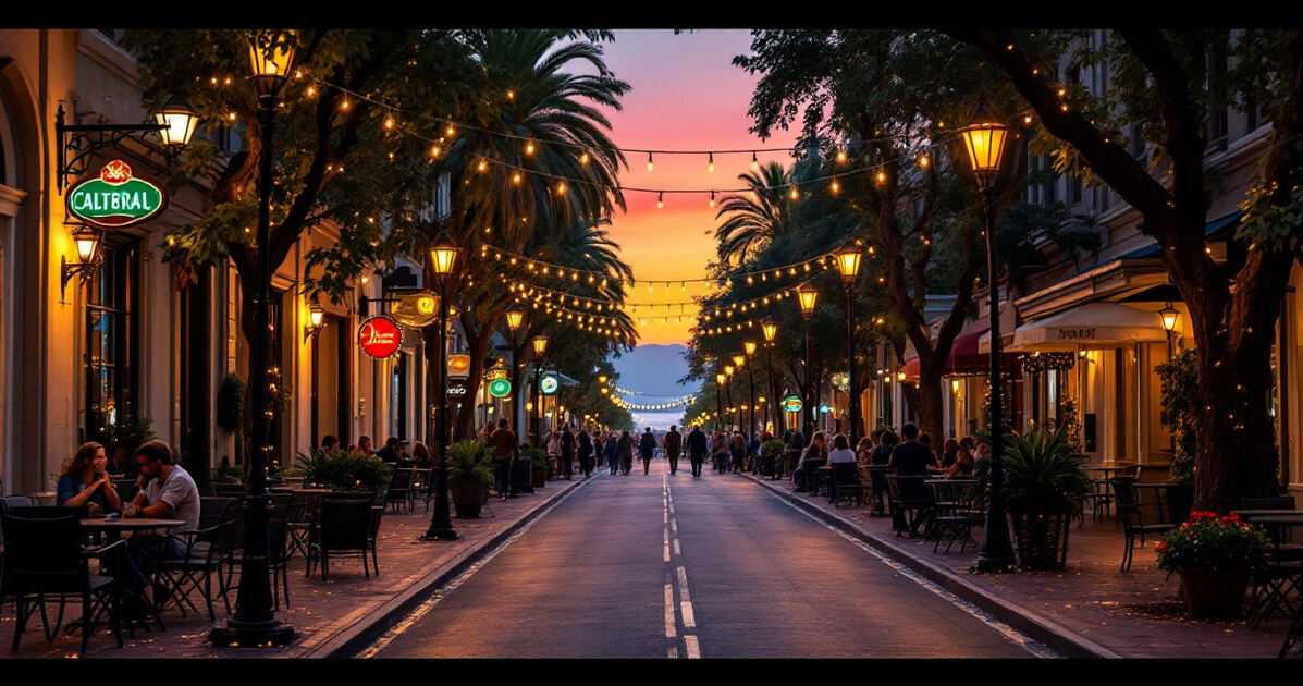 Charming pedestrian downtown avenue with cafe patios and string lights at dusk