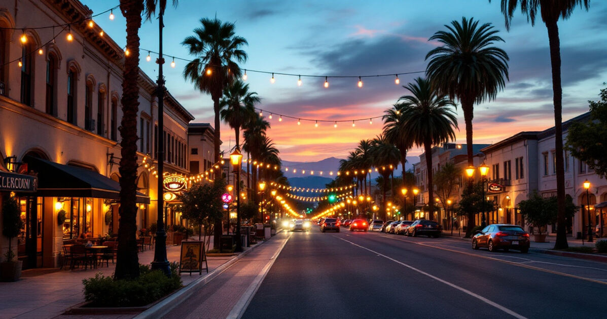 Historic downtown Sunnyvale avenue with restaurants and string lights at dusk
