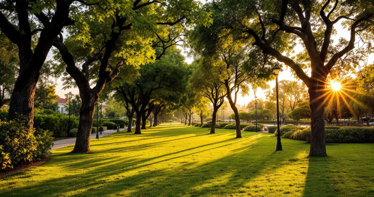 Green California city park with walking paths and trees at golden hour