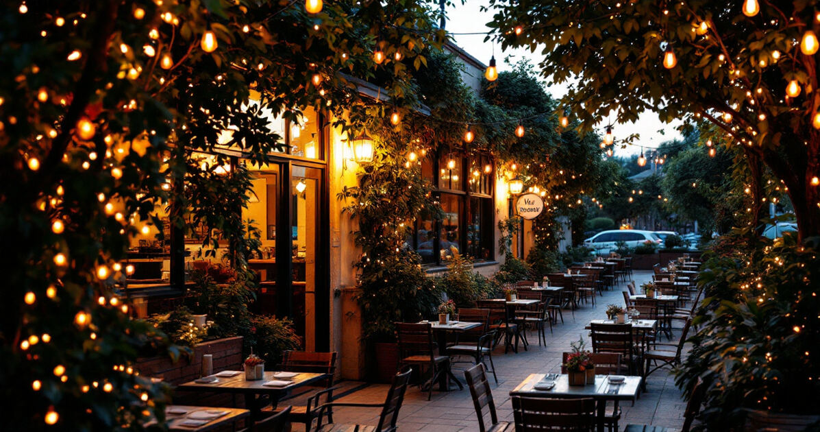 Restaurant patio with string lights and greenery at dusk in California