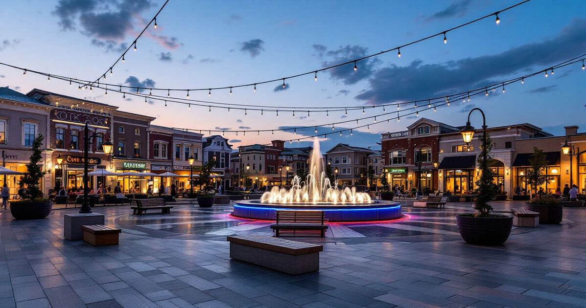 Modern mixed-use town plaza at dusk with string lights and fountains