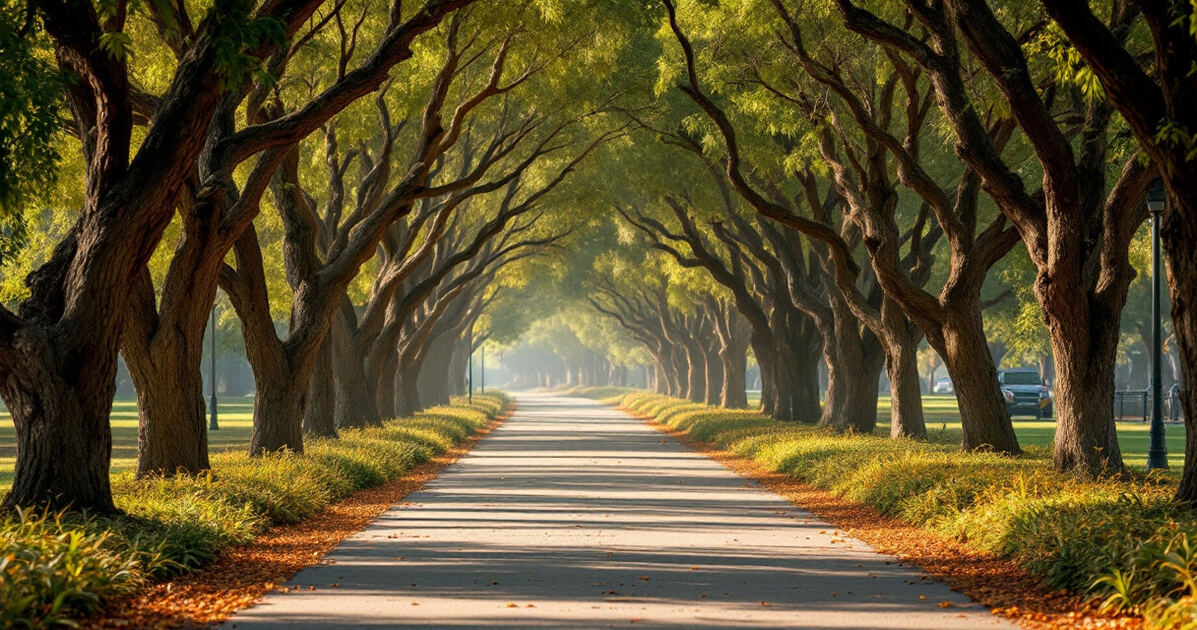Tree-lined recreational trail through a California park in warm afternoon light