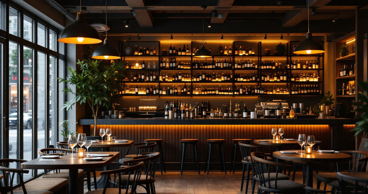 Cozy modern wine bar interior with warm lighting