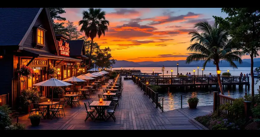 Lakeside dining district with restaurant patios at sunset