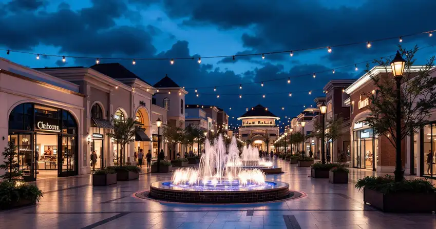 Upscale open-air shopping district plaza at dusk with fountains and string lights