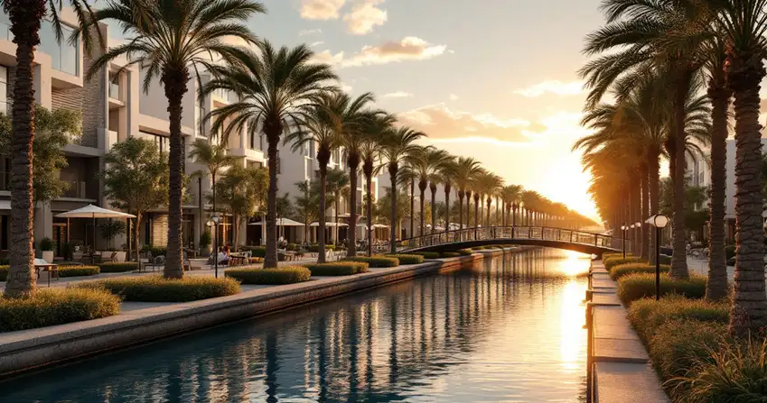 Canal waterway with pedestrian bridges and palm trees at golden hour