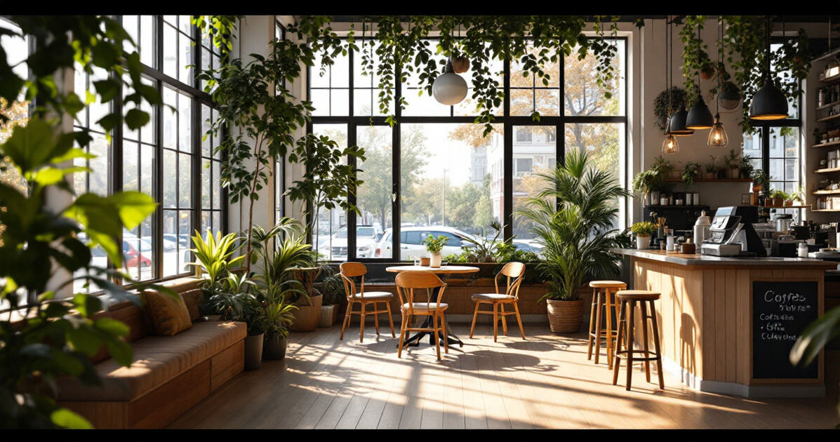 Modern bright coffee shop interior with big windows and greenery