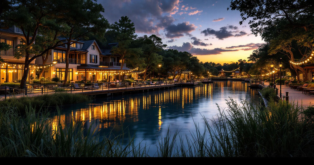 The Woodlands Waterway boardwalk with modern buildings and string lights reflecting on the water at dusk