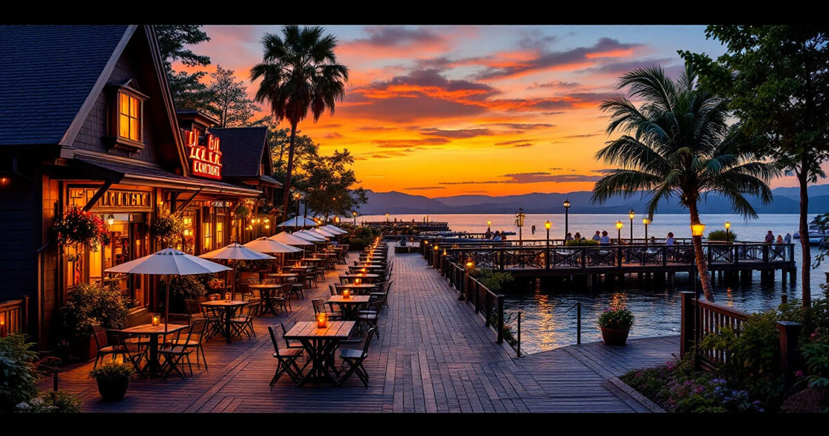 Lakeside dining district with restaurant patios and boardwalk at sunset