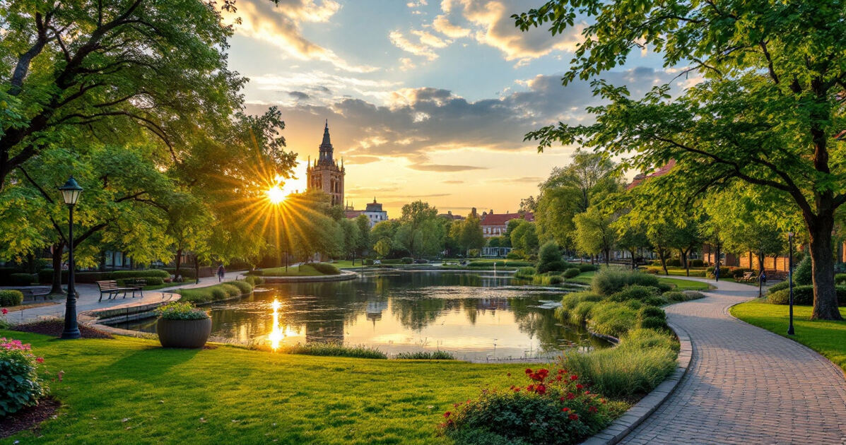 Green town square park with a pond and walking paths at golden hour