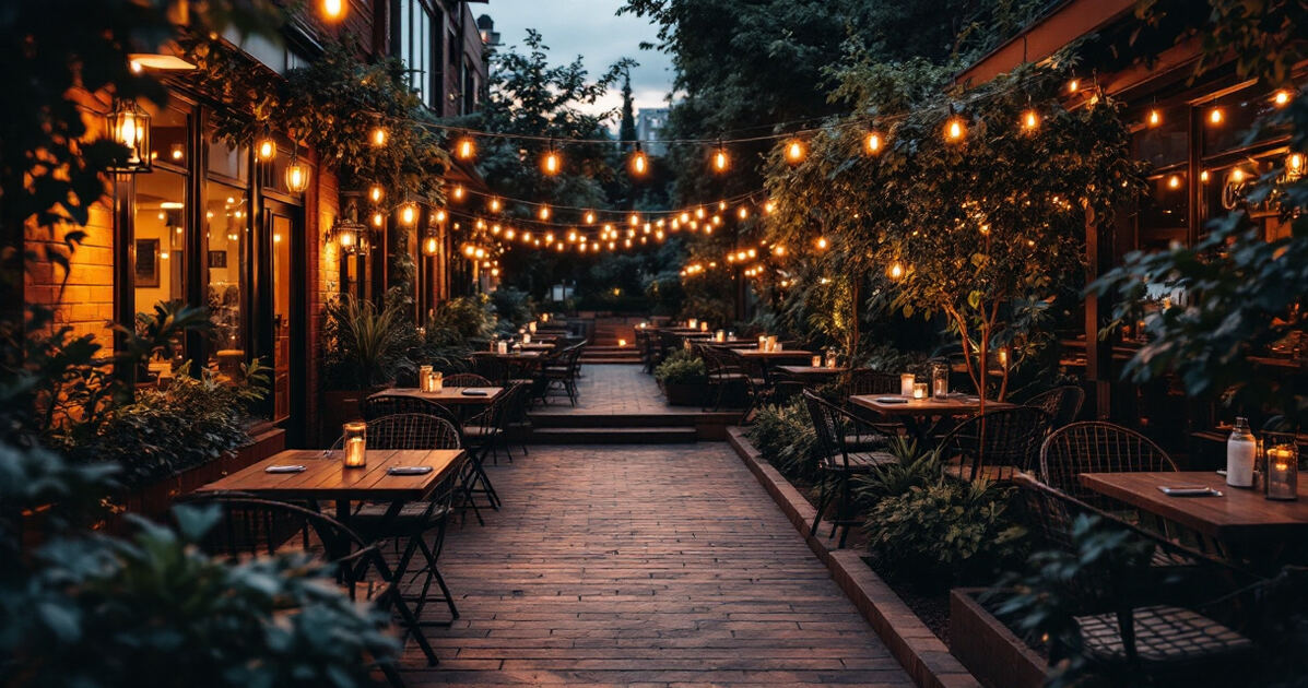 Upscale restaurant patio with string lights and greenery at dusk