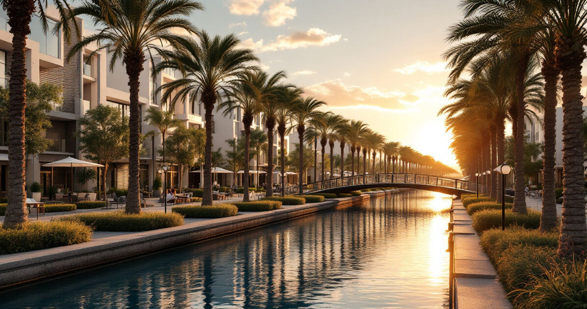 Scenic canal waterway with pedestrian bridges and palm trees at golden hour
