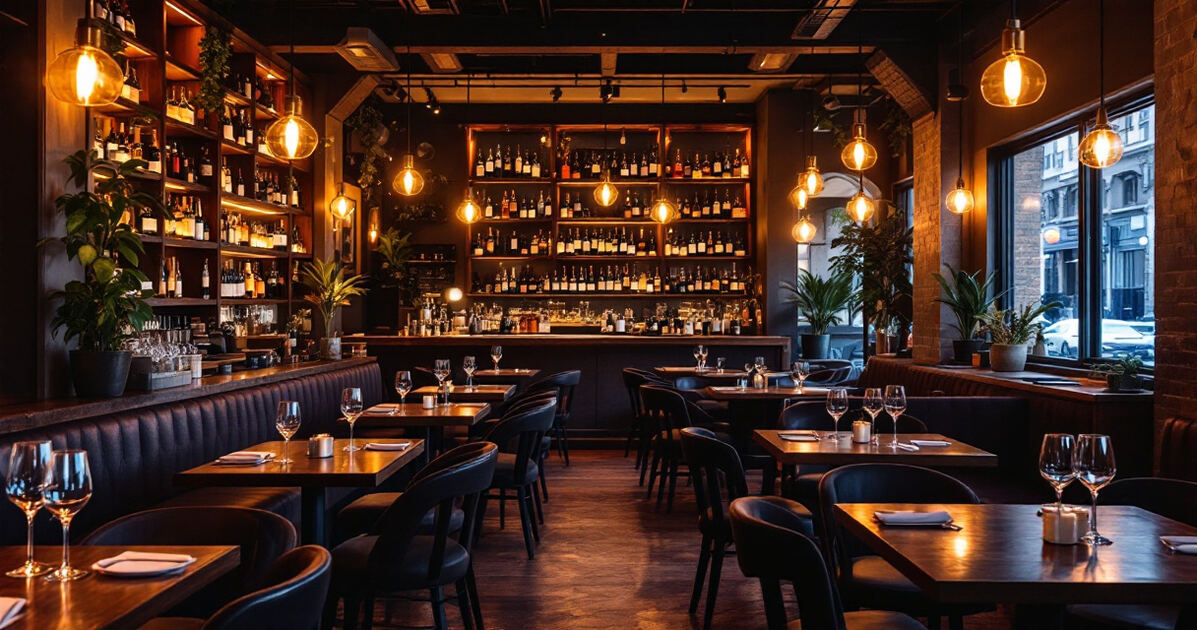 Cozy upscale wine bar interior with warm lighting and modern decor
