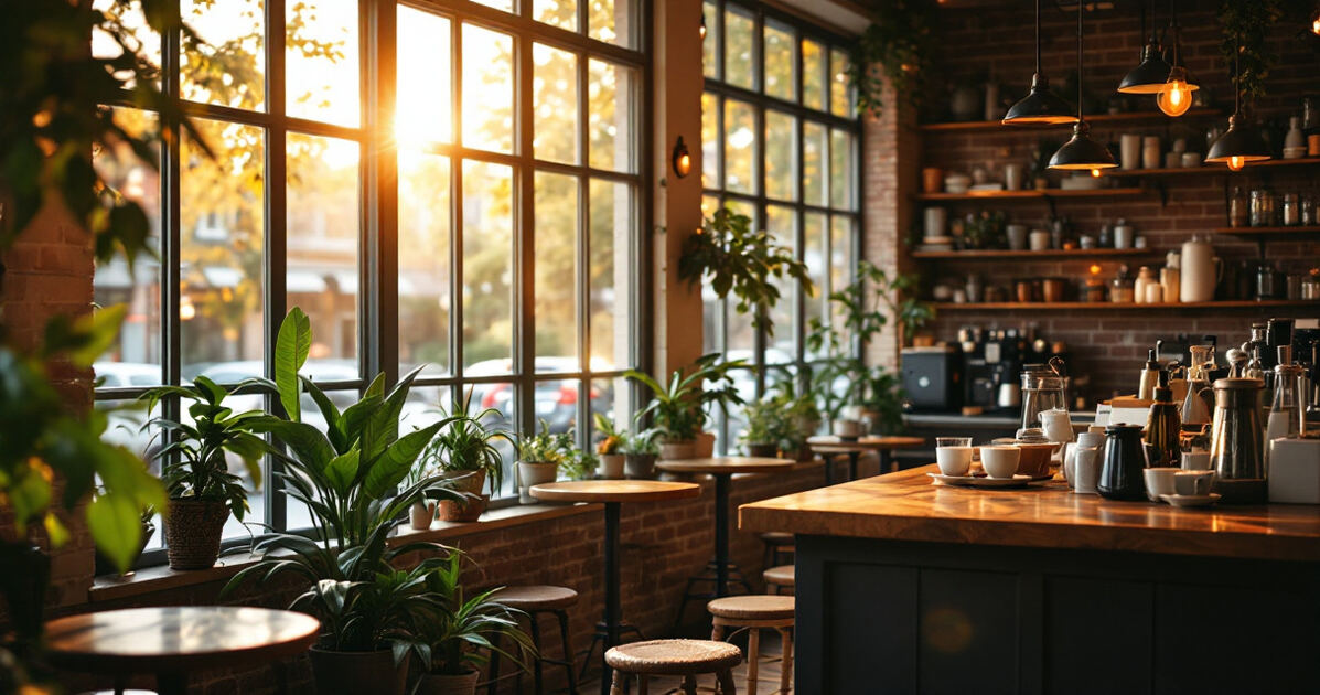 Cozy coffee shop interior with big windows and warm morning light