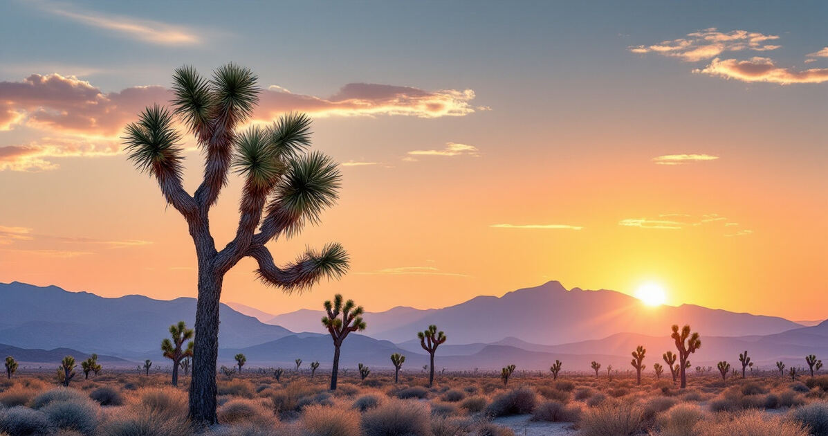 Mojave high desert landscape at sunset with Joshua trees and mountains