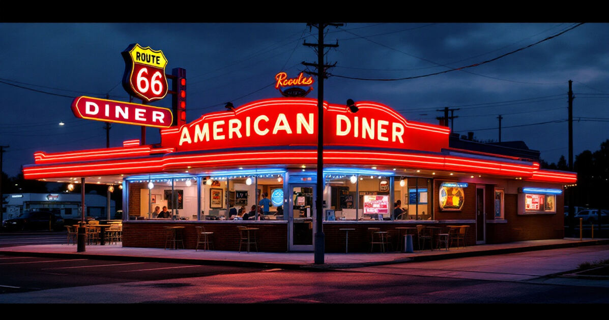 Classic American roadside diner at dusk with warm neon glow, Route 66 style