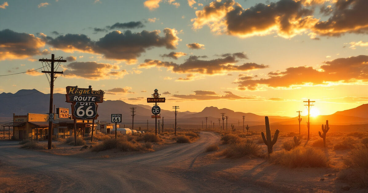High Desert Route 66 town in Victorville CA at golden hour with desert mountains