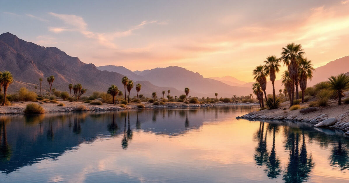 Calm desert lake with palm trees and mountains at sunset near Spring Valley