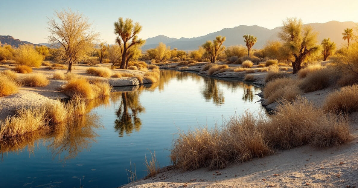 Desert oasis park with a lake, reeds and cottonwood trees at Mojave Narrows