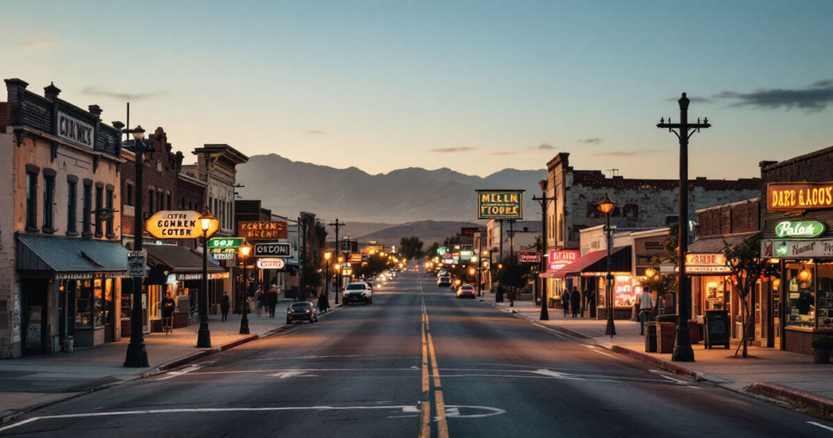 Old Town Victorville main street with vintage storefronts at dusk