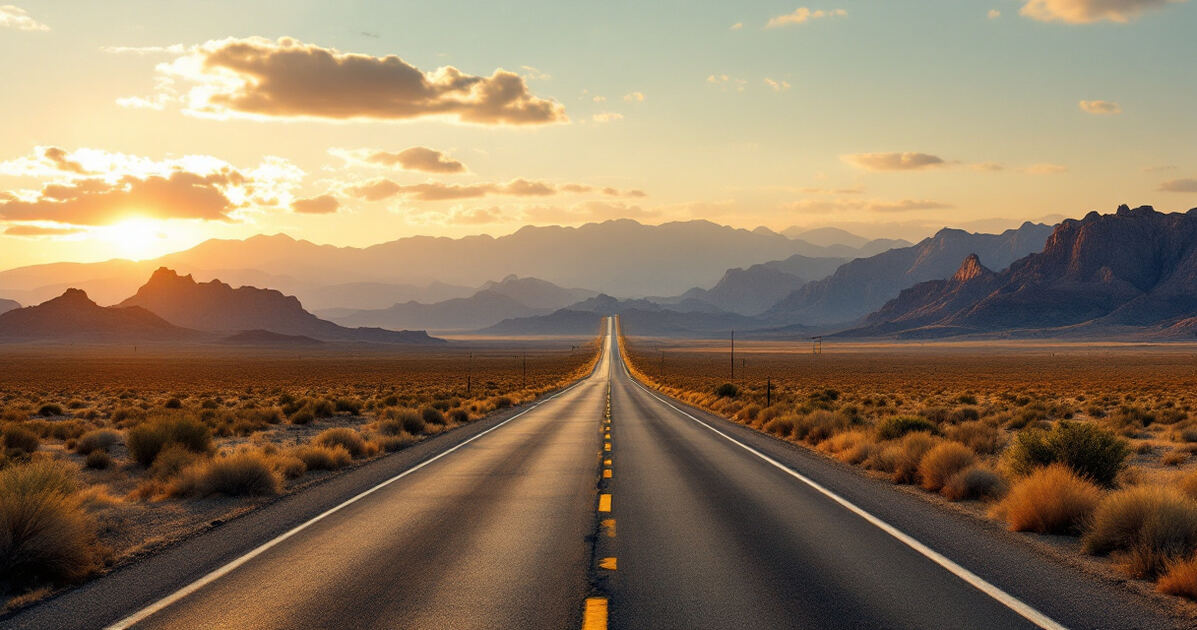 Classic Route 66 desert highway stretching toward mountains at golden hour