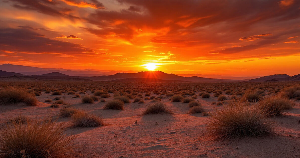 Dramatic desert sunset over open Mojave landscape with warm orange sky