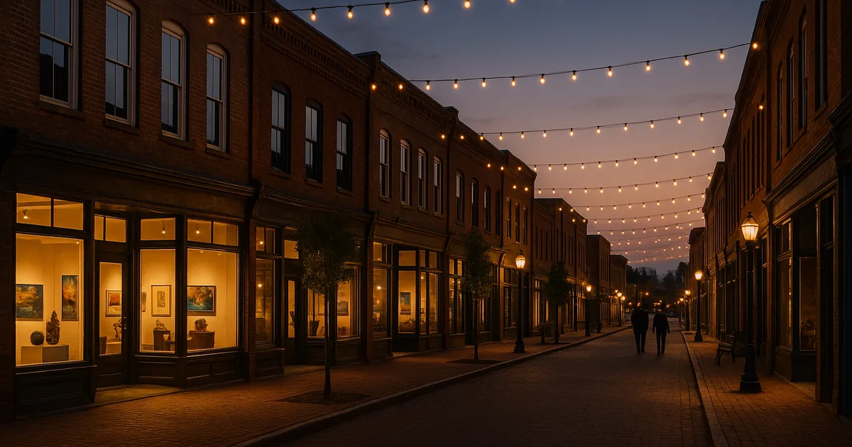 Restored brick storefronts with lit gallery windows and string lights across Trade Street at dusk in downtown Winston-Salem