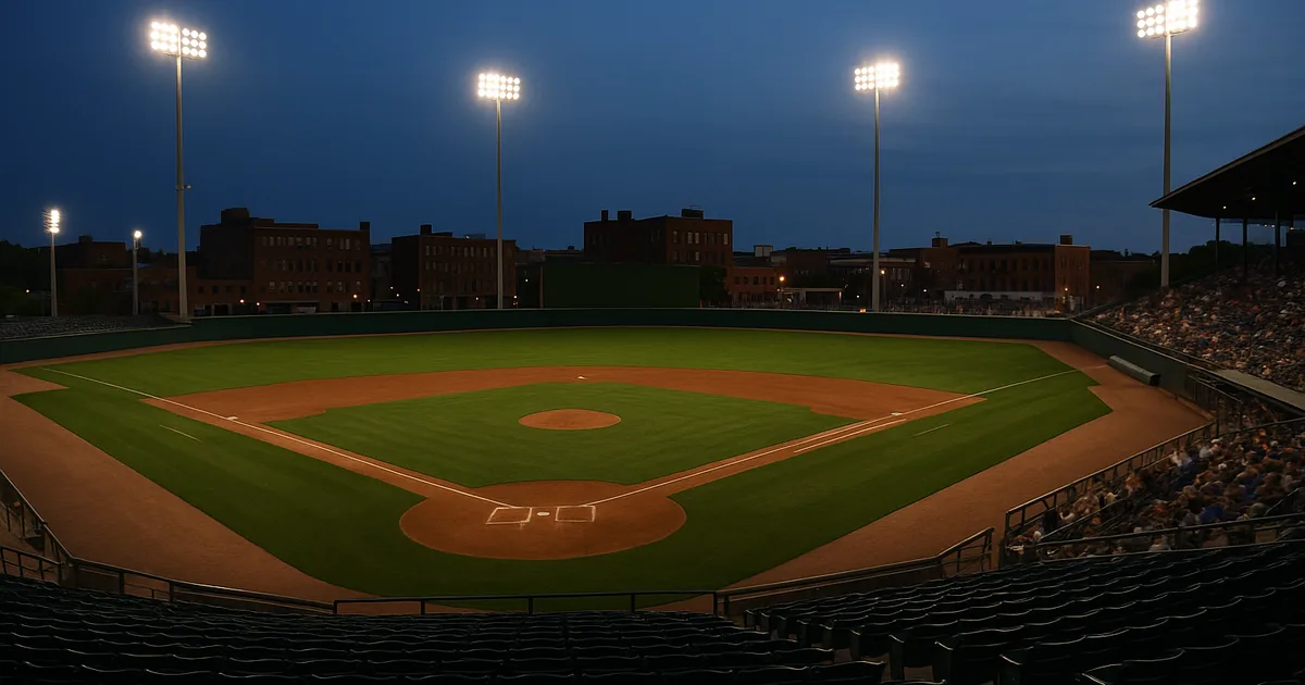 Minor-league baseball stadium at dusk with floodlights on and the low brick downtown skyline behind the outfield
