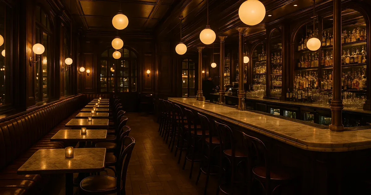 Elegant art-deco brasserie interior at night with brass fittings, globe pendant lights and a marble bar